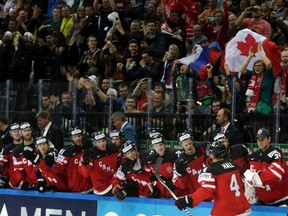 Canada's Taylor Hall celebrates his goal against Sweden with team mates during their Ice Hockey World Championship game at the O2 arena in Prague, Czech Republic May 6, 2015. REUTERS/David W Cerny