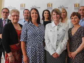 Nine of the 12 nominees, for the Tourism Kingston — Crowns Tourism Awards, pose for a photo at the start of Thursday evening’s celebrations at the Renaissance Event Venue. In its first year, the awards look to recognize excellence in front-line customer service, with nominations being submitted by visitors and residents of Kingston. (Julia McKay/The Whig-Standard)