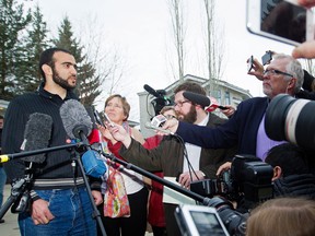 Omar Khadr speaks to the media outside his lawyer's west Edmonton home, where he will be staying after being granted parole in Edmonton, Alta. on Thursday May 7, 2015. (David Bloom/Postmedia Network)