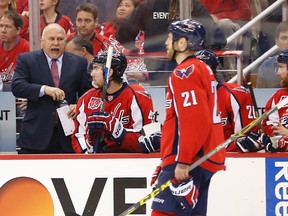 Washington Capitals coach Barry Trotz talks to his team during Game 3 against the New York Rangers at Verizon Center. (Geoff Burke/USA TODAY Sports)