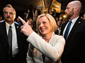 NDP leader and premier elect Rachel Notley greets her supporters at the NDP election headquarters at the Westin Hotel in Edmonton, Alta. on Tuesday, May 5, 2015. Codie McLachlan/Edmonton Sun/Postmedia Network