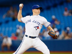 Blue Jays starting pitcher Aaron Sanchez works against the Red Sox during fourth inning MLB action in Toronto on Friday, May 8, 2015. (John E. Sokolowski/USA TODAY Sports)
