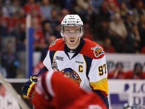 Erie Otters captain Connor McDavid keeps an eye on the play during Game 1 of the OHL final against the Oshawa Generals Friday at GM Centre. (Michael Peake/Toronto Sun/Postmedia Network)