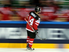 Canada's Jordan Eberle celebrates his goal with teammates in a game against France at the O2 arena in Prague, Czech Republic on May 9, 2015. (REUTERS/David W Cerny)
