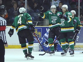 Portage Terriers celebrate during a win over the Penticton Vees during the Royal Bank Cup junior A hockey championship in Portage la Prairie, Man., on Sat., May 9, 2015. (Kevin King/Winnipeg Sun/Postmedia Network)