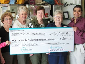 Submitted photo: Representatives from the Sydenham District Hospital Auxiliary presented a cheque for $20,000 to the Foundation of Chatham-Kent Health Alliance (CKHA) in support of the CKHA Diagnostic Imaging Equipment Renewal Campaign. Pictured accepting and donating the cheque, from left to right, Michele Grzebien-Huckson, executive director, Foundation of CKHA; Mary Harris, lottery treasurer; Shirley Hess, project manager; Millie Bechard, general treasurer; Pat Brett, president, Sydenham District Hospital Auxiliary; and Dr. Victor Varma, Staff Radiologist, CKHA, and CKHA Diagnostic Imaging Equipment Renewal Campaign Co-Chair.