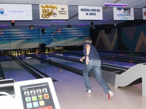 Rick Bull bowls for charity at the Bowl for Kids Sake event on Friday, May 8. The pledges raised go to support Big Brothers Big Sisters of Ingersoll, Tillsonburg and Area. (MEGAN STACEY/Sentinel-Review)