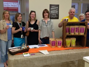 Staff and students enjoy a hot cup of herbal tea at Arthur Voaden Secondary School's Zen Cafe. AVSS teacher Pam Deven, third from left, organized the weekly lunchtime retreat as a way to promote relaxation and stress management within the school community.