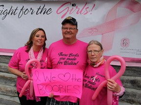 Sarnia's Tracey Dixon, Curtis Dixon and Hanna Reid laced up their sneakers for the 24th annual Mother's Day Walk for the Breast Cancer Society of Canada Sunday May 10, 2015 in Sarnia, Ont. Reid, who is a two-time breast cancer survivor, credits ongoing research efforts for her survival. Proceeds from Sarnia's annual walk -- along with similar ones held around the country -- directly go to fund breast cancer research. (Barbara Simpson/Sarnia Observer/Postmedia Network)