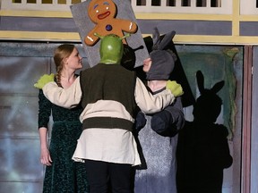 Gino Donato/The Sudbury Star
Jeannae Marriott, left, is Princess Fiona, Scott Infanti is Shrek, and Jeff Daggett plays the Donkey in Theatre Cambrian's production of Shrek the Musical.