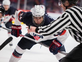 Auston Matthews eyes on the puck during a game between Team USA and Team Canada during the 2015 IIHF World Junior Championship on December 31, 2014 at the Bell Centre. (file photo)