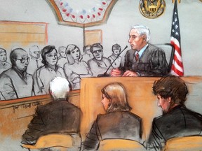 U.S. District Judge George O'Toole speaks during the sentencing phase of the murder trial of Dzhokhar Tsarnaev in a courtroom sketch in Boston April 21, 2015. (REUTERS/Jane Collins)