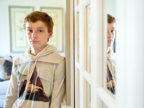 Actor Jackson Martin, 14, is headed for Cannes for his role in Sleeping Giant, in which Martin plays one of three boys on the cusp of adolescence. The movie will be screened as part of Critics' Week in which films by first-and second-time directors can show their work. Martin, pictured here at his home in London, also appears in Boy, a short also headed for Cannes. (CRAIG GLOVER, The London Free Press)