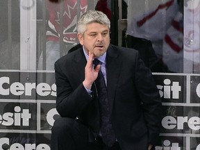 Head coach Todd McLellan of Canada reacts during the group A preliminary round match Switzerland vs Canada at the 2015 IIHF Ice Hockey World Championships on May 10, 2015 at the O2 Arena in Prague. AFP PHOTO / JONATHAN NACKSTRAND