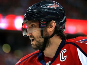 Alex Ovechkin #8 of the Washington Capitals looks on against the New York Rangers during the first period in Game Three of the Eastern Conference Semifinals during the 2015 NHL Stanley Cup Playoffs at Verizon Center on May 4, 2015 in Washington, DC. (Patrick Smith/Getty Images/AFP)
