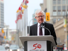 Herb Peters, Chair of the United Way of Winnipeg board of trustees speaks during the 50th anniversary of the United Way in Winnipeg, Man. Monday, May 11, 2015.