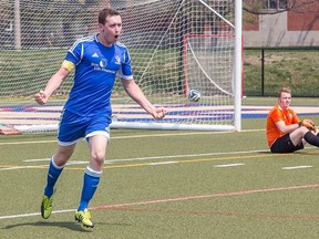 Andrew Martin of the Kingston Clippers celebrates after scoring his team's only goal of the game, in the latter stages of the first half, as the Clippers and the Master's FA Saints of Scarborough played to a 1-1 draw in a League1 Ontario game Saturday afternoon at Miklas-McCarney Field. (Tim Gordanier/The Whig-Standard)