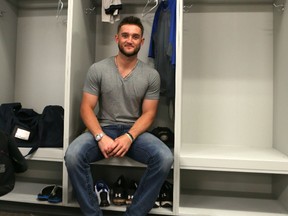 Ottawa Champions left-handed pitcher Joshua Blanco sits in his locker room stall at Raymond Chabot Grant Thornton Park on Monday afternoon, less than two weeks before the expansion Can-Am League club opens the 2015 season at home May 22. (Chris Hofley/Ottawa Sun)