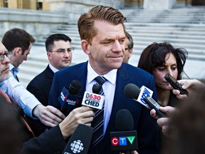Wildrose leader Brian Jean speaks to reporters after Wildrose's first caucus meeting at the Alberta Legislature Building in Edmonton, Alta. on Monday, May 11, 2015. The Wildrose was elected as the Official Opposition in the Alberta provincial election last week. Codie McLachlan/Edmonton Sun