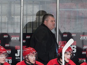 Peter Goulet, behind the Nepean Raiders bench during a game in Cornwall on April 23, is the new general manager of the Kingston Voyageurs. (Robert Lefebvre/For Postmedia Network)