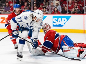 Goaltender Carey Price makes a pad save on the Lightning’s Victor Hedman. Price and the Habs have to win tonight in Tampa to force a Game 7 on Thursday. (AFP)