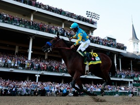 Jockey Victor Espinoza celebrates as he guides American Pharoah to the finish line to win the 141st running of the Kentucky Derby at Churchill Downs. (Getty Images)