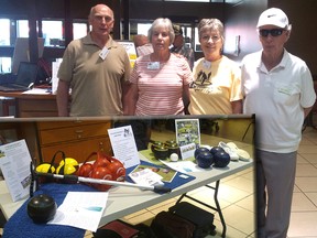 From left are Norwich Lawn Bowling Club's Graham and Brenda Darmon, Linda Hawken, and Jack Surerus with their Saturday mall display in Tillsonburg (inset). (CONTRIBUTED PHOTOS)