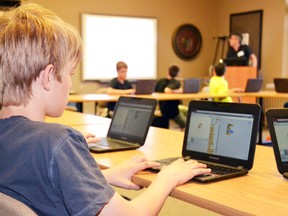 Gifted students from across the Huron-Perth Catholic District School Board had the chance to participate in a coding workshop led by Western University professor of mathematics education, Dr. George Gadanidis, at the board office in Dublin May 7. GALEN SIMMONS/MITCHELL ADVOCATE