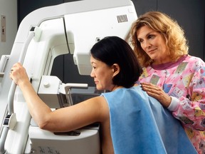 REUTERS/Rhoda Baer/National Cancer Institute/Handout
A technician positions a woman at an imaging machine to receive a mammogram in this undated handout photo.