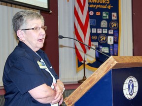 Mary Alice Marchand, a member of the Kiwanis Club of Chatham-Kent and the Eliminate co-ordinator for division three, speaks at the Sarnia-Lambton Golden 'K' Kiwanis Club's meeting  on Tuesday May 12, 2015 in Sarnia, Ont. (Terry Bridge/Sarnia Observer/QMI Agency)