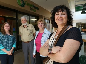 Luke Hendry/The Intelligencer
Executive director Maureen Corrigan, right, stands outside the headquarters of the Alzheimer Society of Hastings-Prince Edward in the Bay View Mall in Belleville Tuesday. With her from left are education and support co-ordinators Kristel Nicholas, Barry Flanigan and Sharon Brewster.