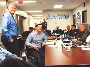 The scene from the Argos’ draft war room on Tuesday. GM Jim Barker holds court at left. (COURTESY OF TORONTO ARGONAUTS)