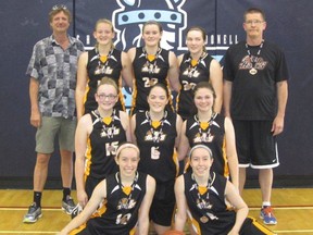 The Wallaceburg AirHawks won Division 5 bronze medals at the Ontario Cup provincial junior girls basketball championship Sunday in Guelph. The AirHawks are, front row, left: Jana Kucera and Logan Kucera. Middle row: Ryann Fink, Brittany McLaren and Jaimi Chauvin. Back row: coach Bill Rhodes, Brett Fischer, Sawyer Fischer, Hannah Badder and coach Jeff Byrne. (Contributed Photo)