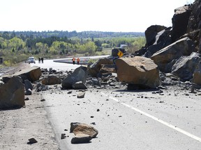 A section of Highway 537 is closed after rocks from a rock face fell onto the highway. John Lappa/The Sudbury Star