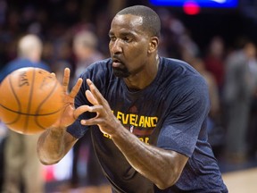 Kendrick Perkins of the Cleveland Cavaliers warms up prior to the game against the Golden State Warriors at Quicken Loans Arena on February 26, 2015 in Cleveland, Ohio. (Jason Miller/AFP)