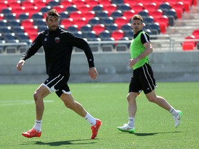 Italian striker Emiliano Bonazzoli trains with Ottawa Fury FC at TD Place on Wednesday. The forward has nearly 250 games of experience in Italy's Serie A and will train in Ottawa through the end of the next week. (Chris Hofley/Ottawa Sun)