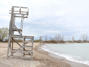 The water at Rotary Cove in Goderich is currently a lot closer to the shore than normal (illustrated by the far lifeguard station on May 12) due to sand erosion that took place over the winter months. (Steph Smith/Goderich Signal Star)