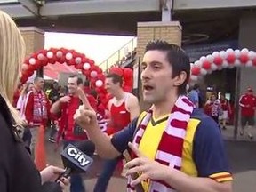 CityNews reporter Shauna Hunt confronts a Toronto FC fan, identified as Shawn Simoes, Sunday, May 10 at BMO Field. FILE PHOTO