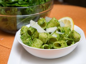 A spinach pesto pasta made by Jill Wilcox of Jill's Table in London, Ont. on Monday May 11, 2015. 
Craig Glover/Postmedia Network