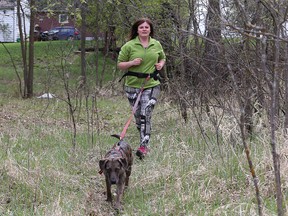 Shalid Hustad runs with her dog Gwen near the Seine River in St. Vital on Fri., May 8, 2015. The owner of Grassroots Canine is holding a Canicross workshop on May 16 and a 13-week clinic that starts in May.