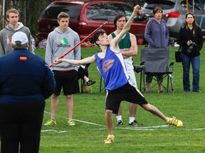 Adam Burggraf, a Grade 10 student from Bayridge, competes in the junior javelin competition at the Kingston Area Secondary Schools Athletics Association track and field championships at Richardson Stadium on Wednesday. He won the competition with a throw of 41.21 meters. (Julia McKay/The Whig-Standard)