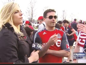 CityNews reporter Shauna Hunt confronts a Toronto FC fan, identified as Ryan Hart, Sunday, May 10, 2015 at BMO Field.