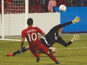 Sebastian Giovinco’s beautiful goal past Montreal Impact keeper Eric Kronberg gave Toronto FC a 3-1 lead in the second half, but the Reds weren’t able to hold on. (JACK BOLAND/Toronto Sun)