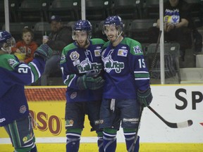 The Melfort Mustangs celebrate a goal against the Carleton Place Canadians on Wednesday. (MATT HERMIZ/Postmedia Network)