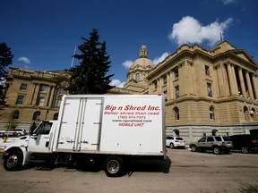 A Rip and Shred Inc., truck pulls up outside the Alberta Legislature on Thursday May 7, 2015. The NDP won power on Tuesday to become the new government in Alberta after 44 years of a PC government. Tom Braid/Edmonton Sun/Postmedia Network