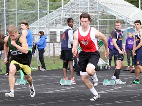 Runners in the senior boys' 100m sprint take off on day one of the Tri-County track and field finals in St. Thomas, Ont. on Tuesday May 12, 2015 at Parkside Collegiate Institute. The top six individuals and teams advance to WOSSAA May 21 and 22 at Western University in London. (Greg Colgan, Sentinel-Review)