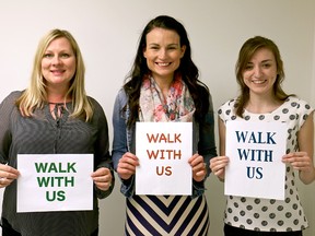 Board members with Cystic Fibrosis Canada's Sarnia-Lambton chapter Tracy Hyde, left, Tara Jeffrey and Tara Bourque, invite people to participate in the chapter's annual Great Strides fundraising walk May 31. The trio are also part of team Triple T for the event that's aiming to raise $7,500 for research, care and advocacy. (Handout)