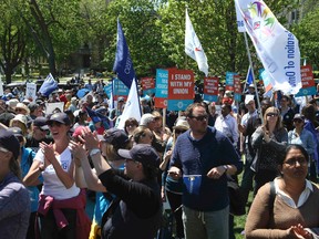 OSSTF protest on the front lawn of Queen's Parkon Thursday May 14, 2015. Collective bargaining hits an impasse for teachers on strike at three boards - Rainbow, Durham and Peel. Veronica Henri/Toronto Sun