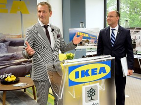 Mayor Matt Brown, right, with the president of IKEA Canada, Stefan Sjostrand, during a press conference to announce a new IKEA store coming to London. (MORRIS LAMONT, The London Free Press)