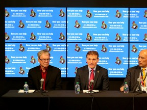 Gary O'Dyrne, Canadian Liver Foundation, Cyril Leeder, Ottawa Senators President and Ottawa Senators doctor Don Chow speak during a press conference, outlining Eugene Melnyk's need for a liver transplant, at the Canadian Tire Centre in Ottawa Thursday May 14, 2015. Tony Caldwell/Ottawa Sun/Postmedia Network